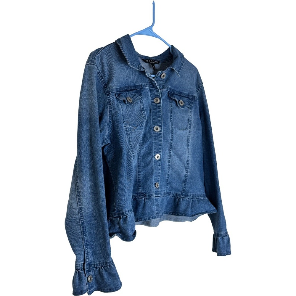 Baccini Denim Jacket Women XL Blue Ruffle Cuff Peplum Hem Button Front Jean Coat - Picture 4 of 11